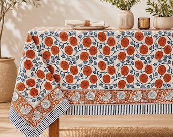 Burnt orange Floral Block Print Cotton Tablecloth – Jaipur Boho Table Linen.