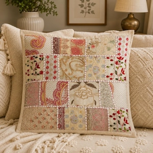 May include: A square throw pillow featuring a patchwork design of various embroidered fabric panels in cream, beige, pink, and red. The panels are joined by visible white stitching and display floral, paisley, and geometric patterns.