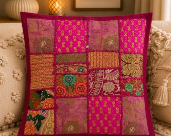 Vintage Sari Patchwork Cushion Covers, Embroidered Indian Pillows.