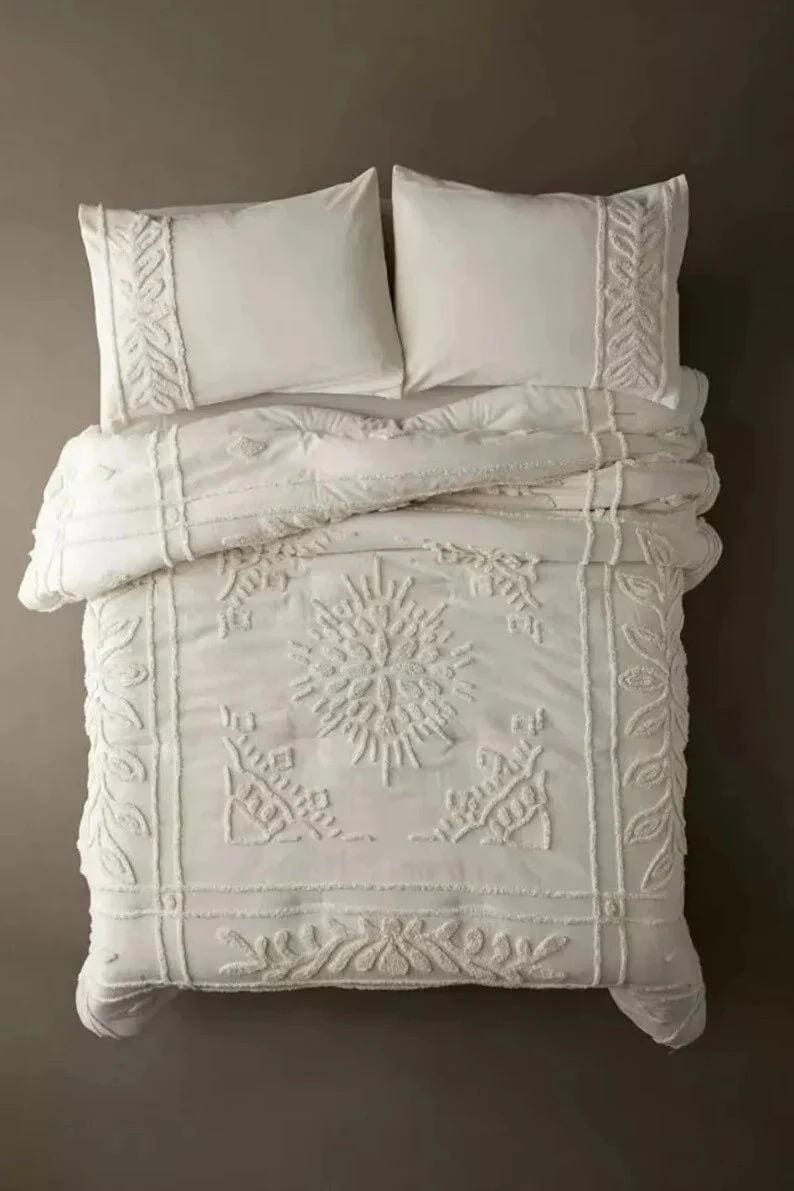 3 Piece Boho Tufted Bedding King/Queen/Twin Size Cotton Duvet Cover Set, White/Ivory Quilt Comforter Cover With Pillowcases.