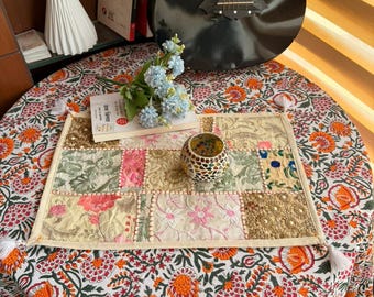 Handmade Embroidered Patchwork Placemat, Boho Dining Table Mat (12x18 Inches)