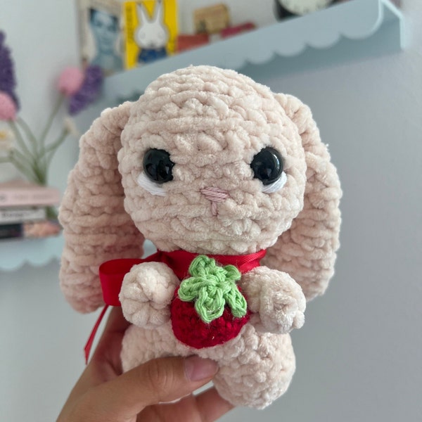 Handmade Crocheted Bunny Plushie with Strawberry | Amigurumi Stuffed Toy