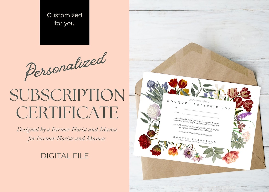 CUSTOM Flower Bouquet Subscription Certificate Flower Farmer and