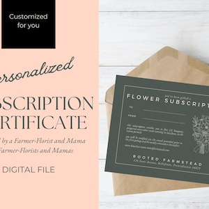 CUSTOM Flower Bouquet Subscription Certificate | Flower Farmer and Florists | Personalized Digital File | Clean and Simple Design