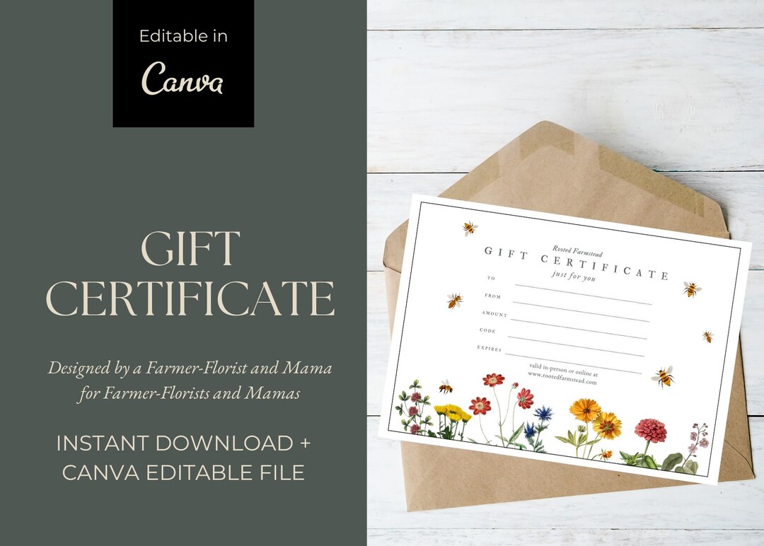 Flower Farm and Florist Gift Certificate Instant Download Customizable