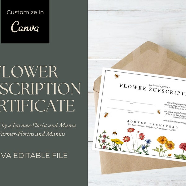 Summer Floral Flower Bouquet Subscription Certificate | Bouquet Share | CSA | Bouquet Subscription | Customizable Canva Template