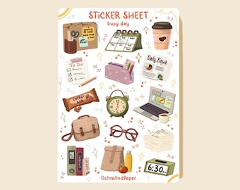 May include: A sticker sheet with a busy day theme. It features illustrations of a to-do list, a calendar, a coffee cup, a pencil, an energy bar, a clock, a laptop, a newspaper, a briefcase, glasses, a stack of papers, a binder, a lunch bag, an apple, and an alarm clock. The text on the sheet reads "Sticker Sheet, Busy Day, Daily News, Energy Bar, 6:30 am, OchreAndPaper".