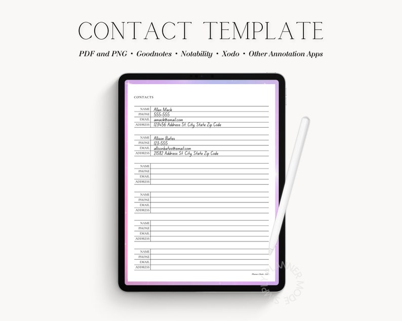 Contacts Digital Template Address Book Goodnotes Notability Etsy