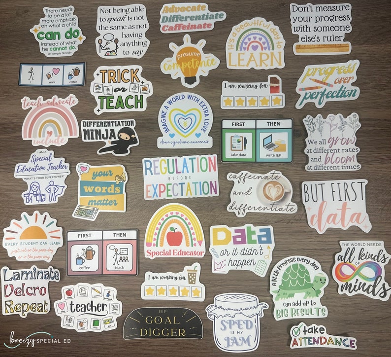 May include: A collection of colorful stickers with motivational quotes and phrases for teachers, including "Trick or Teach", "Differentiate Ninja", "Regulation Before Expectation", "Data or it didn't happen", "But First Data", "The World Needs All Kinds of Minds", "Take Attendance", and "I am working for 5 stars".