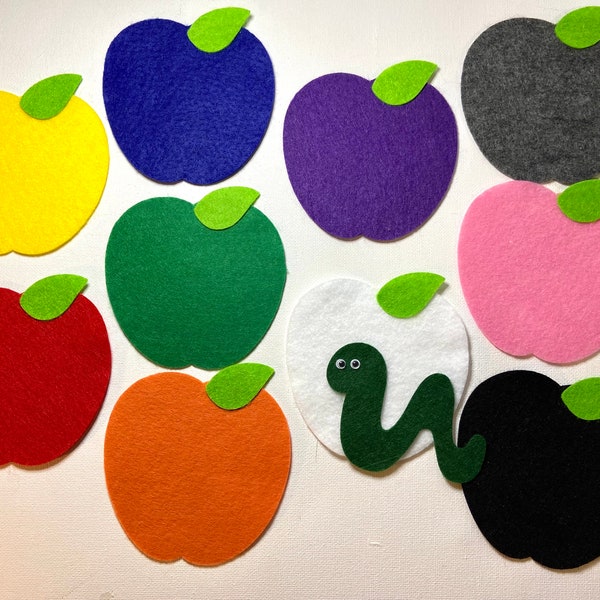 wiggly worms hide and seek felt set, spring, worms, apple, flannel board story, teacher resource,  circle time, counting, color