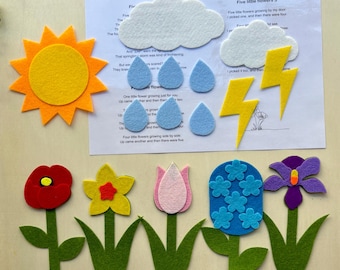 May include: Felt craft set for kids featuring five little flowers growing by a door. The set includes a sun, a cloud, raindrops, lightning, and five different felt flowers: a red poppy, a yellow daffodil, a pink tulip, a blue forget-me-not, and a purple iris. The set is perfect for teaching children about counting and colors.