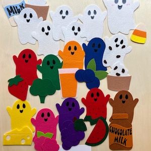 Zestaw filcowych duchów z kawałkami czekolady, Halloween, filcowa opowieść o Halloween, gra w chowanie cukierków, materiały dla nauczycieli, aktywność na Halloween