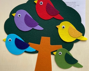 Ensemble de 5 petits oiseaux en feutre, histoire en feutre, printemps, cardinal, couleur, comptage, heure du conte, heure du cercle