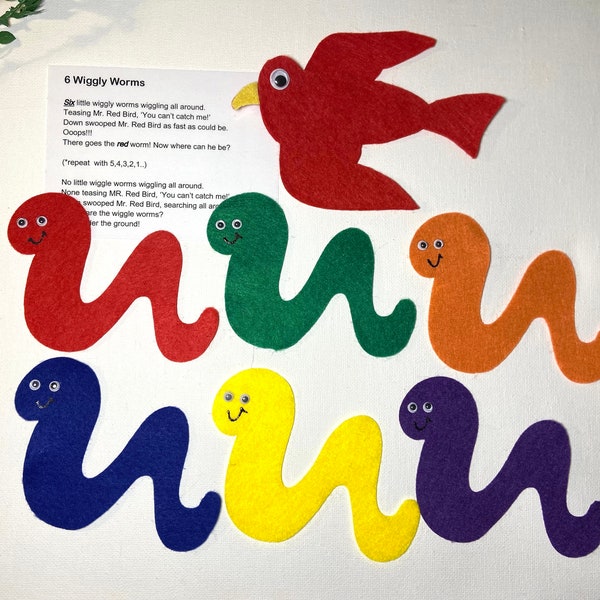 6 wiggly worms felt story, spring, worms, red bird, flannel board story, teacher resource, circle time, counting, color, children’s song