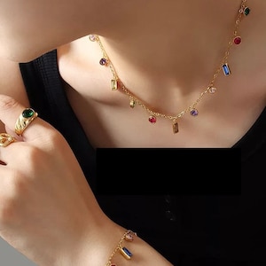 Gold Necklace with Multicoloured Gemstones/Crystals | Gift Idea for Her