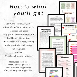 May include: A digital planner with various sections for mental health, including journaling prompts, mood plans, and partner gratitude exercises. The planner also offers self-care challenges, PMDD activity ideas, and resources like books and podcasts.