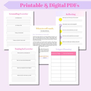 May include: Printable and digital PDFs with worksheets for grounding exercises, self-soothing techniques, reflecting on triggers, and trigger planning. The worksheets have pink and yellow accents.