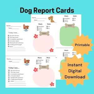Tarjeta de informe de perros imprimible y plantilla, descarga instantánea, alojamiento de mascotas, guardería de perros, tarjeta de informe de cuidado de mascotas.