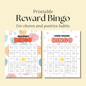 May include: Printable Reward Bingo game sheets for chores and positive habits. The sheets feature colourful designs with spaces for tasks like cleaning up, reading, and making a snack. The word "Bingo" is prominently displayed.