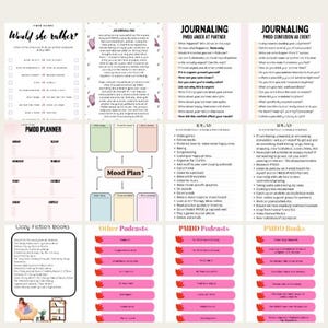 May include: A collection of pink and white printable planner pages and lists. Includes a "Would she rather?" game, journaling prompts, a mood plan, and lists of books and podcasts. The pages are designed for PMDD support.