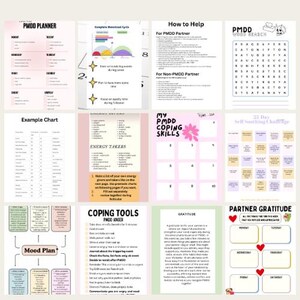 May include: A collection of printable PMDD (Premenstrual Dysphoric Disorder) planners and charts. The pages include a PMDD planner, charts for tracking cycles, coping skills, and gratitude exercises. The color scheme is primarily pink, white, and light green.