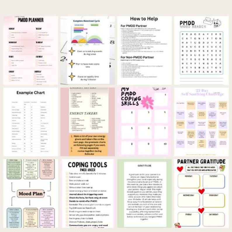 May include: A collection of printable PMDD (Premenstrual Dysphoric Disorder) planners and charts. The pages include a PMDD planner, charts for tracking cycles, coping skills, and gratitude exercises. The color scheme is primarily pink, white, and light green.