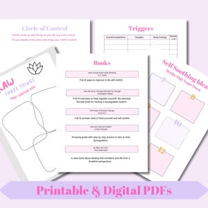 May include: Printable and digital PDF worksheets for self-soothing and managing triggers. The worksheets include a circle of control, a list of books, and a self-soothing ideas section.