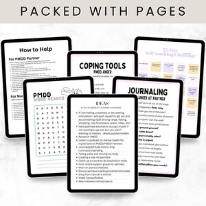 May include: A collection of digital tablets displaying self-help guides. The tablets feature text like "How to Help," "Coping Tools," and "Journaling." The guides offer advice on managing PMDD, including word searches, journaling prompts, and self-soothing techniques. The title "Packed with Pages" is at the top.