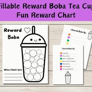 Può includere: Un grafico di ricompense stampabile in bianco e nero con una tazza di boba con un cuore e il testo "Reward Boba". Il grafico ha una sezione per "When Filled I Get:" e due sezioni per "I Earned Boba By:" con righe vuote per scrivere i compiti.