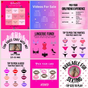 Pu&ograve; includere: Un grafico rosa con varie offerte, tra cui vendite di video, un'"esperienza fidanzata" e lingerie. L'immagine presenta anche testo come "Cum Video Chat With Me!" e "Available for Sexting."