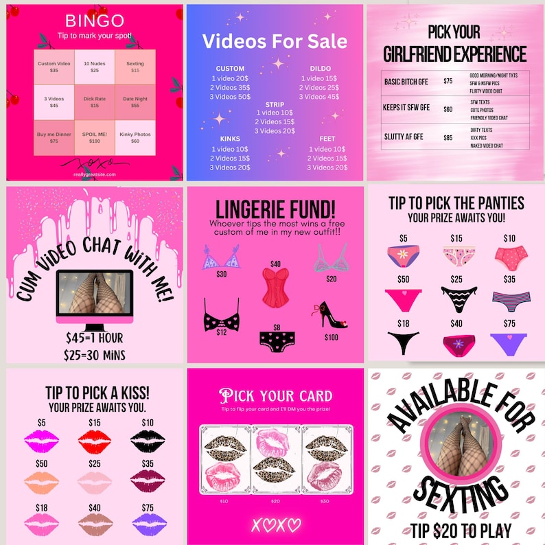 Pu&ograve; includere: Un grafico rosa con varie offerte, tra cui vendite di video, un'"esperienza fidanzata" e lingerie. L'immagine presenta anche testo come "Cum Video Chat With Me!" e "Available for Sexting."
