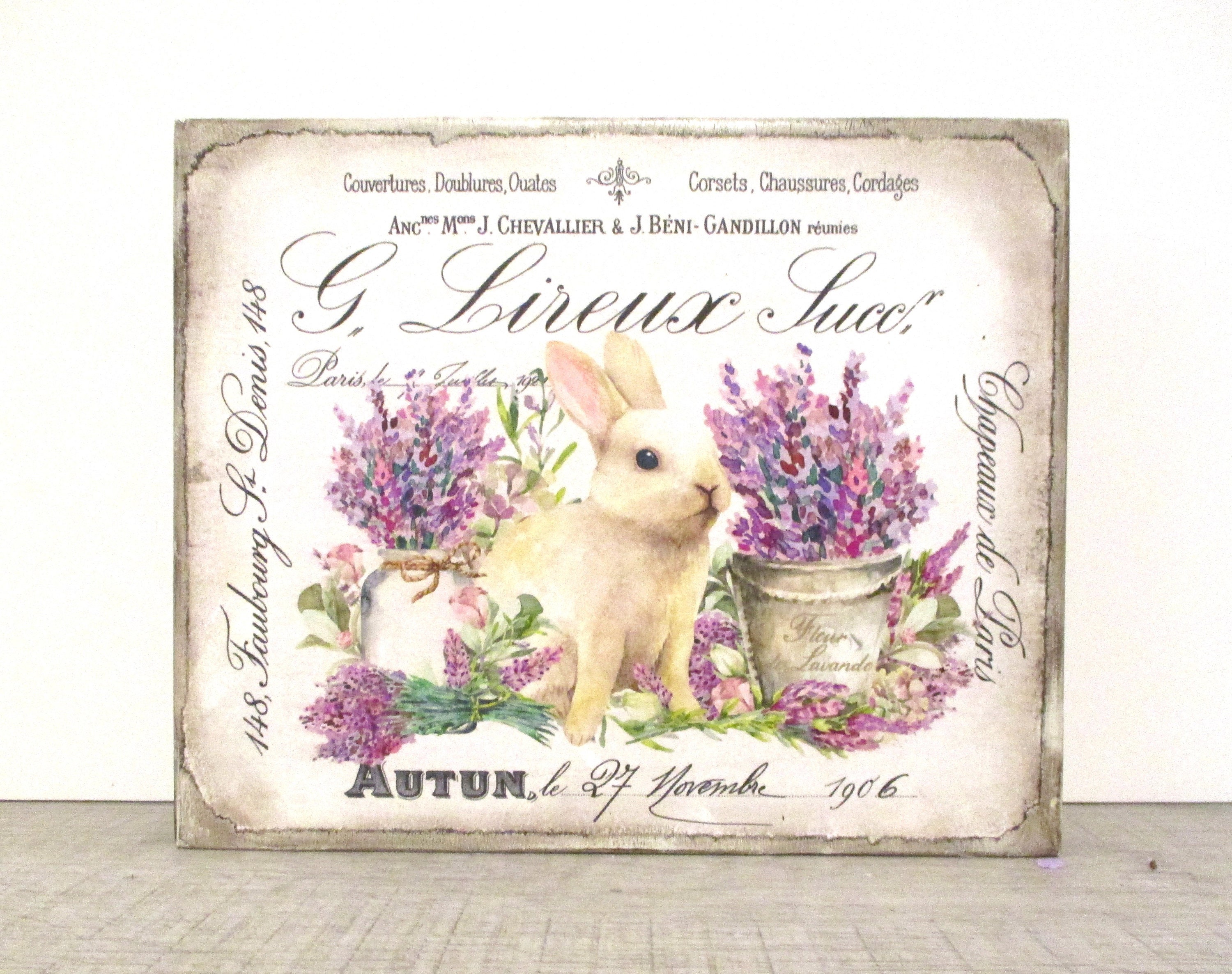 Charming French Vintage White Rabbit Lavender Wood Sign Shabby Chic ...