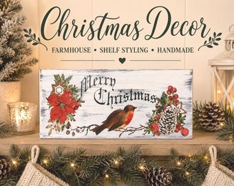 Merry Christmas Wood Sign - Christmas Shelf Decor - Farmhouse Christmas Decor - Rustic Holiday Sign - Winter Mante  - Christmas Kitchen Sign