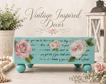 Hand-Painted Cedar Box - Vintage Inspired Decor - Shabby Chic Floral Wood Box - Cottage Style Shelf Sitter - Romantic Farmhouse Decor