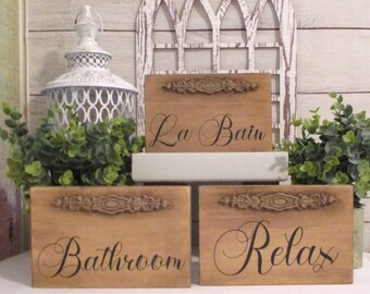 French Inspired Bathroom Signs -  Set of 3 Signs - La Bain, Relax, Bathroom