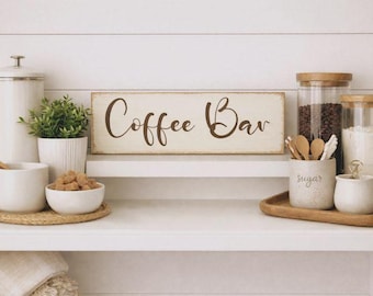 Coffee Bar Wood Sign - Hand Painted Farmhouse Coffee Decor - Small Coffee Station Shelf Sign - Kitchen Coffee Bar Decor