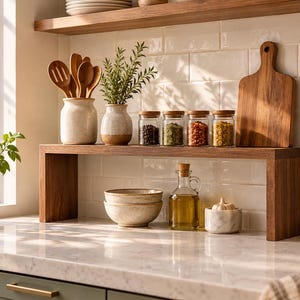 Solid Wood Kitchen Counter Shelf, Minimalist 3.5" Depth Space, Saving Organizer, Handmade Modern Shelf