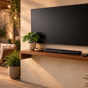 May include: A flat-screen television mounted on a textured beige wall above a floating wooden shelf. A black soundbar and a remote control sit on the shelf next to a small potted green plant in a light-colored ceramic pot.