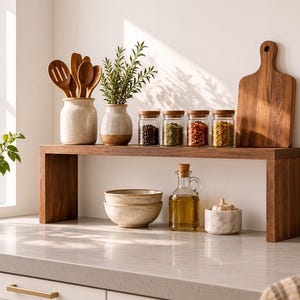 Könnte beinhalten: Ein hölzernes Arbeitsplattenregal mit einem Keramik-Utensilienhalter mit Holzlöffeln, einer kleinen Vase mit Grünpflanzen, vier Glasgewürzgläsern mit Holzdeckeln und einem Holzschneidebrett. Darunter zwei Keramikschalen, ein Ölfläschchen.