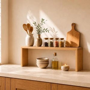 Puede incluir: Un estante de madera para encimera de tono claro con una superficie superior que sostiene un tarro de cerámica con cucharas de madera, un jarrón con vegetación, cuatro frascos de especias de vidrio con tapas de madera y una tabla de cortar.