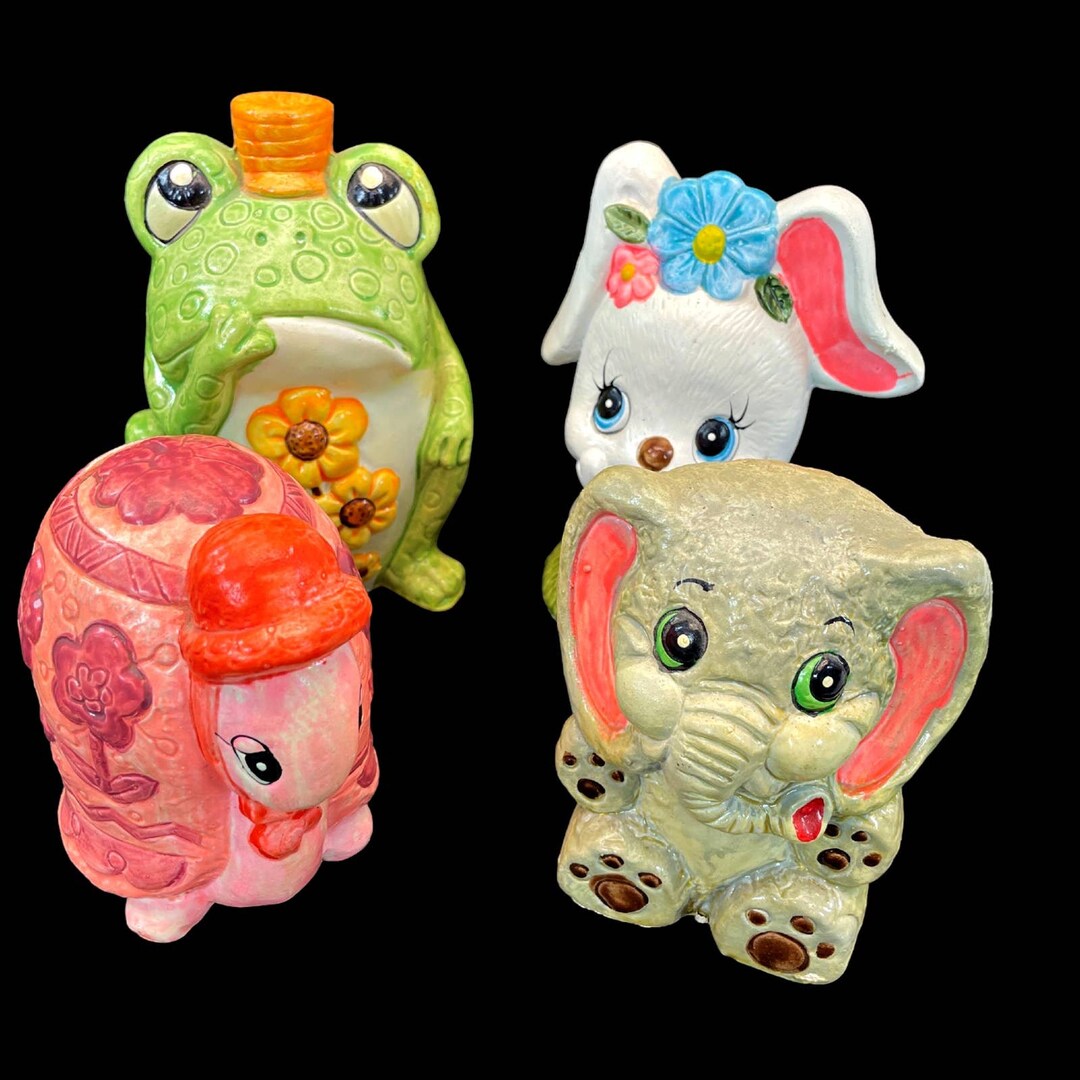 Vintage Lot 4 70s Chalkware Animal Banks Frog Snail Elephant Rabbit ...