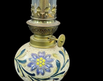 Rustic French Alsace Earthenware Clay Stoneware Oil Lamp Signed Vintage OOAK