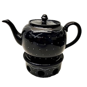 French Rustic Alsace Souffleheim 8.5 Tea Pot & Warmer Black Polka Dot Pottery