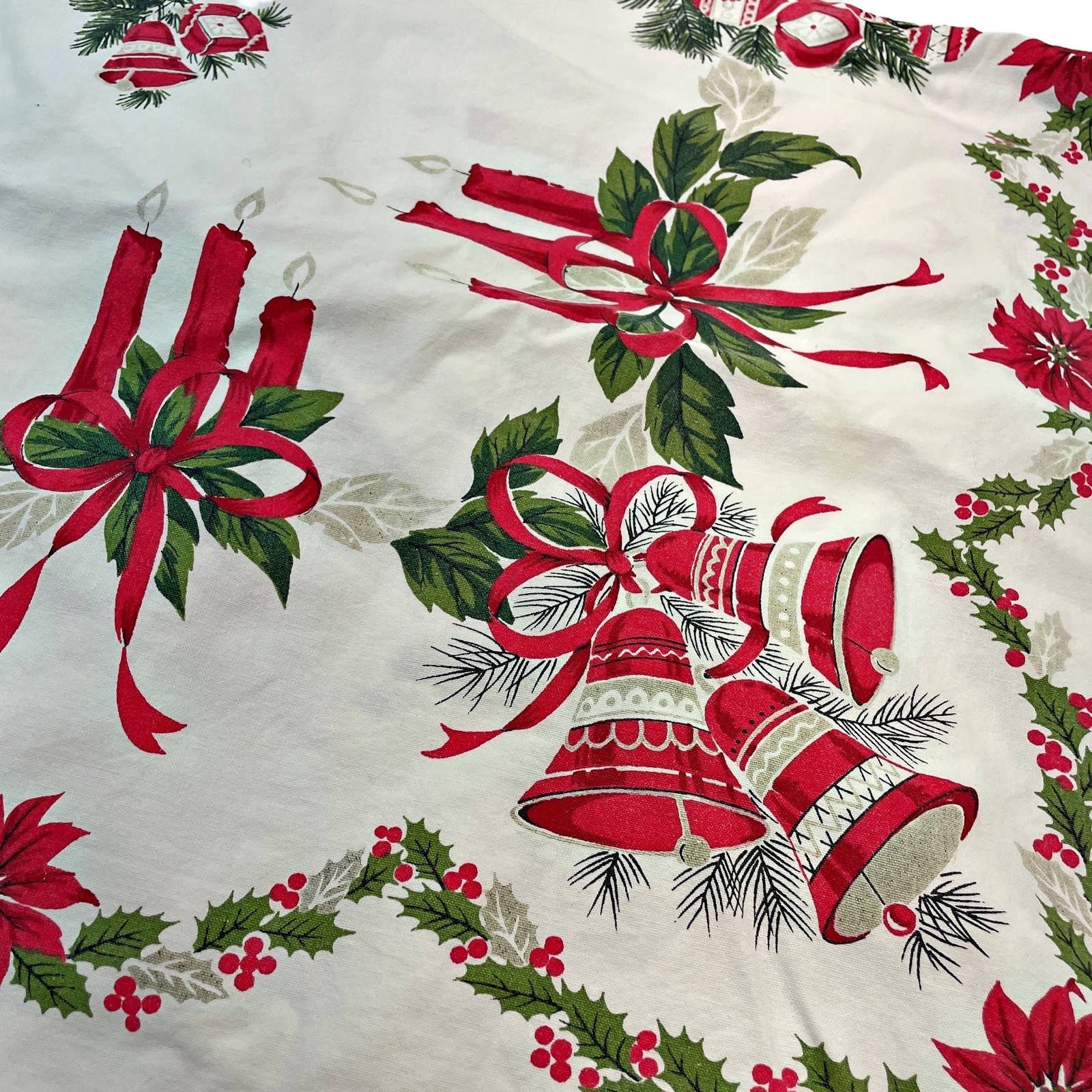 VTG Christmas Tablecloth Candles Red Bells Holly Poinsettias Etsy