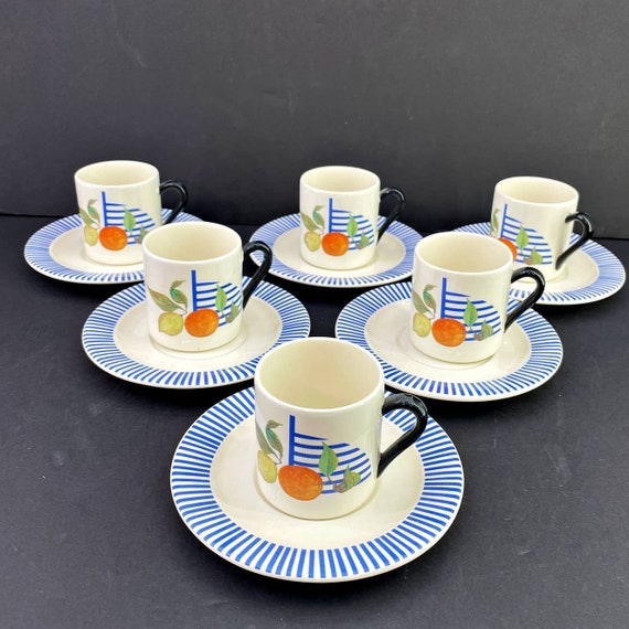 Set of 6 La Ronde Des Fruits Gien France Espresso Coffee Demi Cups Saucers  FREE SHIPPING 
