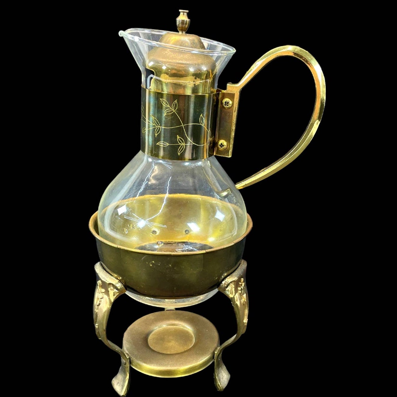 Vintage Brass and Glass Coffee Tea Carafe Pitcher Tea Pot With Warmer Stand