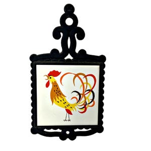 Vintage Cast Iron Ceramic Tile Rooster Trivet Hanging FM Mid Century MCM 70s