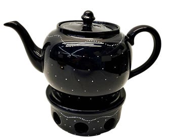 French Rustic Alsace Souffleheim 8.5 Tea Pot & Warmer Black Polka Dot Pottery