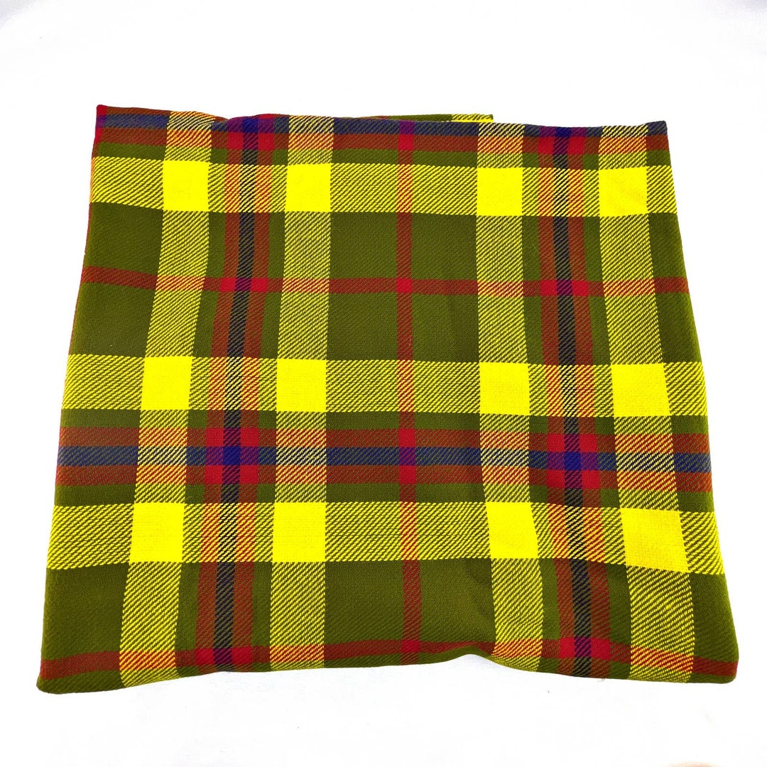 Vintage Yellow Green Red Tartan Plaid Wool Blend Fabric 58x64 1.7 Yds