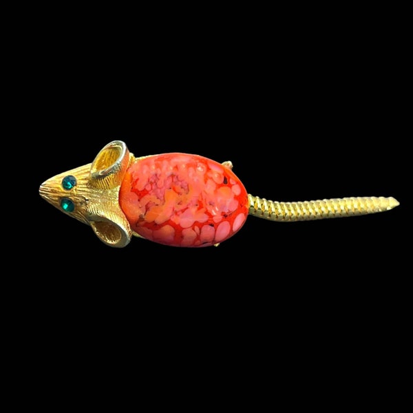 Vintage Miniature Mouse Cabochon Jelly Belly Coral Color Articulated Tail Brooch